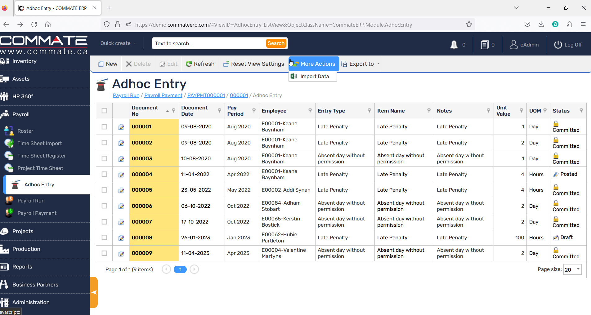 Import Data from Adhoc Entries