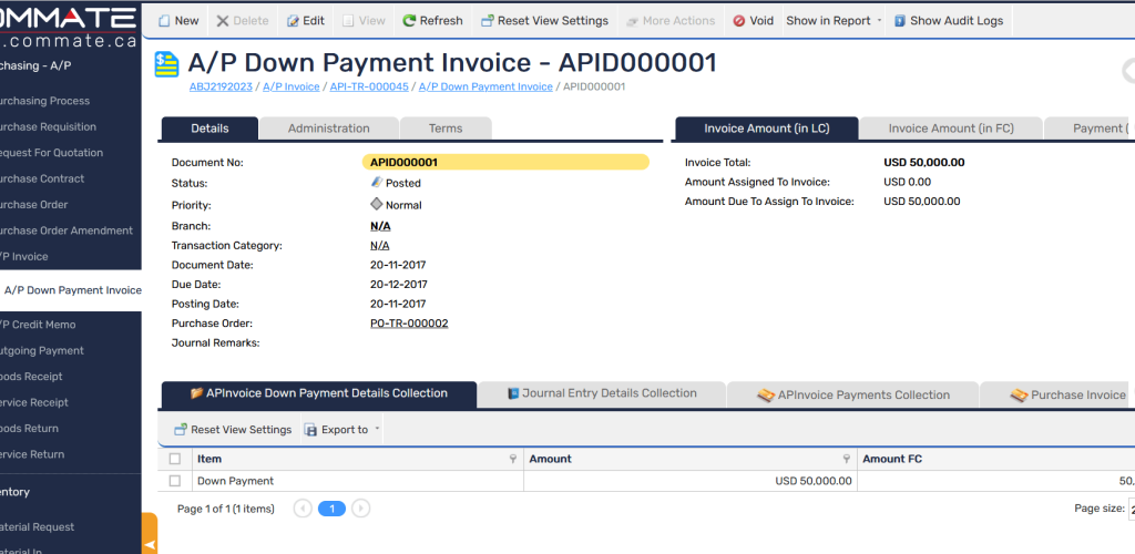 A-P Down Payment Invoice