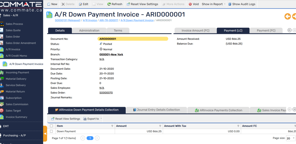 A-R Down Payment Invoice