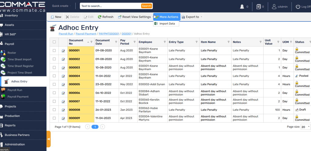 Import Data from Adhoc Entries
